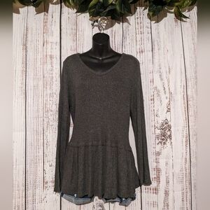 Entro Gray Waffle Knit Peplum Long Sleeve V Neck Tee Shirt